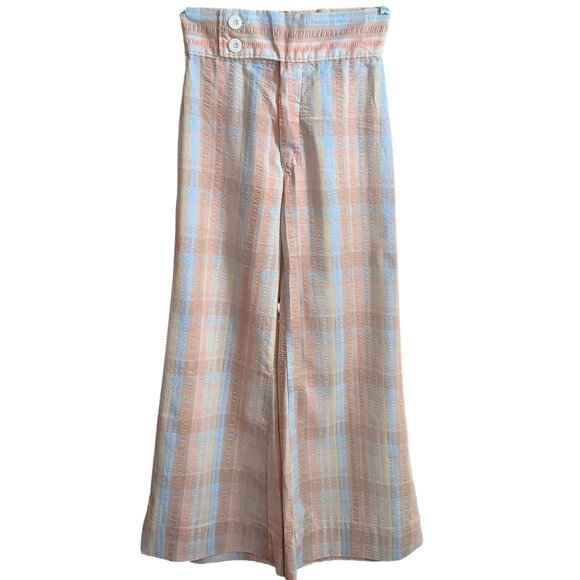 26x29 Vintage Bellbottom Seersucker Pants Pastel Plaid High-Waisted Wide-Leg 70s - Picture 1 of 6